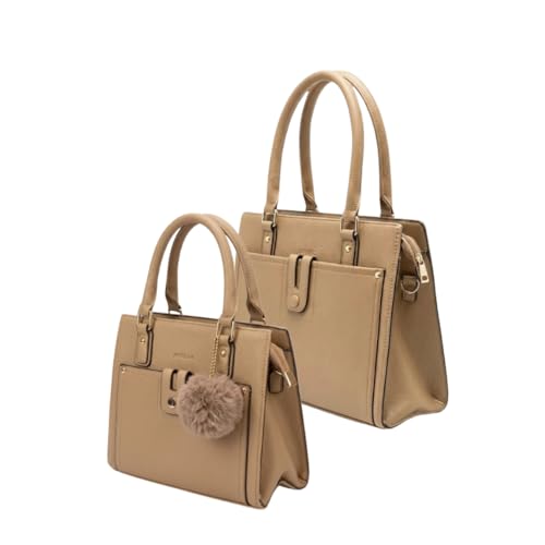 Kit Bolsa Feminina Couro PU Com Duas Bolsas e Chaveiro Decorativo (Bege)