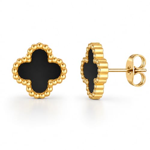 18K Gold Plated Black Clover Earrings for Women Four Leaf Lucky Stud Earrings Stainless Steel Dainty Fashion Jewelry Gift for Women