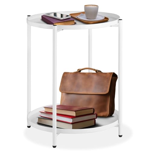 tectake® Tavolino Salotto 45,5 x 45,5 x 53 cm, Tavolino da salotto Tondo Basso, Mobile Soggiorno, Ripiano a Vassoio, Mobiletto Salvaspazio Divano, Camera, Ufficio, Soggiorno, Design Rustico - Bianco