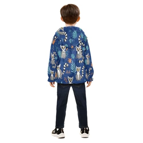 Lemur Pattern on Blue Background Toddler Fleece Jacket Girl Boys Hooded Fleece Jacket Coat Warm Outwear Zip-up 3-10T4