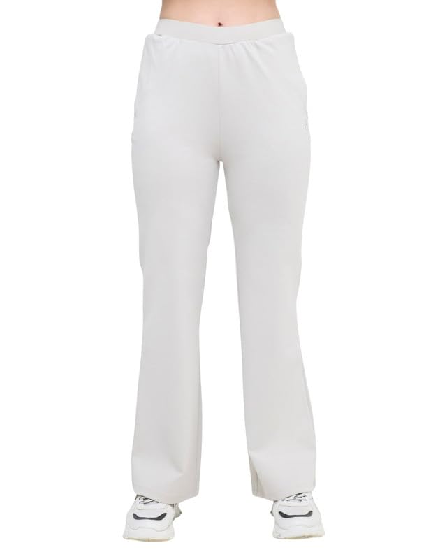 Image of HUNNIT Essential Flare Pants for Women with Zip Pockets | Mid Waist Solid Cotton Tapered Flare Pants | Bootcut Flared Trousers with Wide Elastic Waistband | Relaxed Fit Flared Trouser
