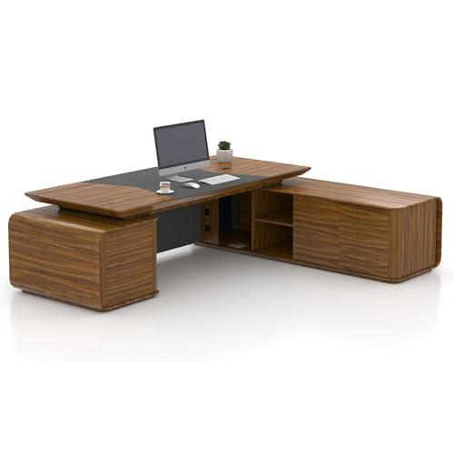 Image of Lakdi The Furniture Co Director Office Table for Boss & Executive | Unique Design L Shape CEO Table Made in MDF with Laminte | with Drawers and Pedestal & Openable Shutter - LDL-521