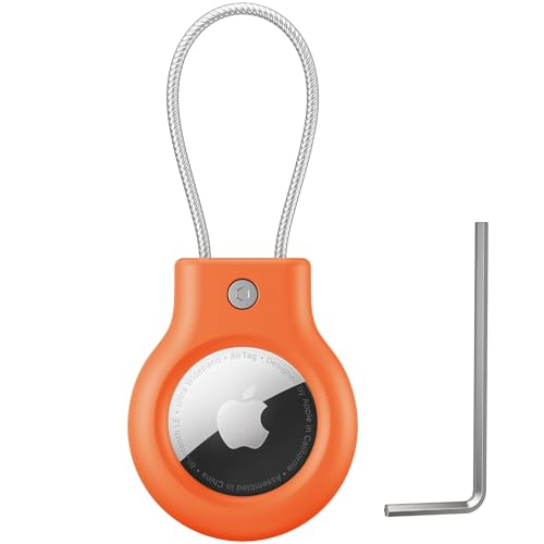 Image of Meliya at Holder for Apple at Secure Holder with Wire Cable, 4 Pack Air Tag Lock Case Keychain Key Ring Key Chain Luggage Tag for Keys, Luggage & More - Orange
