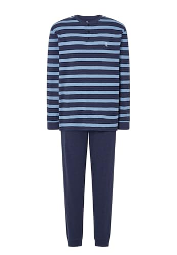 El Búho Nocturno Mens Pajama Set Long Sleeve Knit Premium Striped Pajama Set for Men, 95% Cotton, 5% Viscose, Blue 5583, XXL
