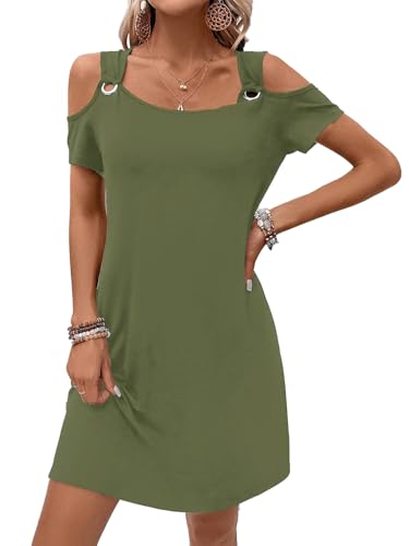 Image of GUNEST Womens Summer Dress Cold Shoulder Scoop Neck Short Sleeve Spaghetti Strap with O Ring Fashion Sundress with Pockets