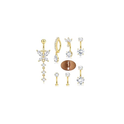 ORAZIO 7 Pièces Piercing Nombril Acier Chirurgical Or Femme 10/12 MM Percing Au Nombril Or Hypoallergénique Zircon Fleurs Papillon Piercing Nombril Anneau...