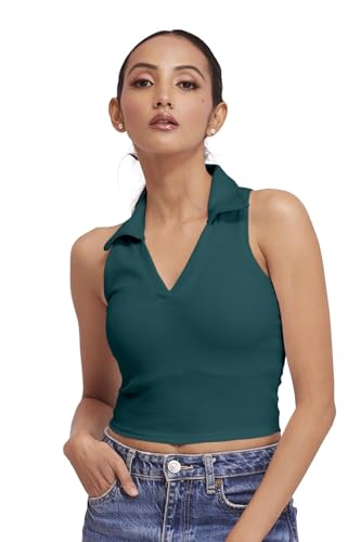 Image of BERRY BIRD Stylish Sleeveless V-Neck Slim Fit Collar Ribbed Knit Tank Crop Tops for Women & Girls Beach and Gym Wear and Western Trendy Fashion