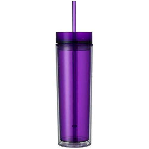 Double Wall Skinny Acrylic Tumbler 16 Oz, with Straws (Purple)