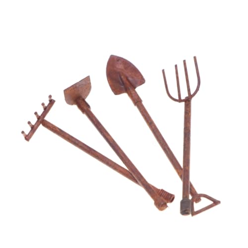 Super Idee 4er Set 1/12 Miniatur Rost Schaufel Rechen und Hacke Bauernhof-Werkzeuge Gartenwerkzeug Wichtel Zubehör Metall Weihnachten Miniatur Werkzeug Set Puppenhaus Weihnachtswichtel Zubehör