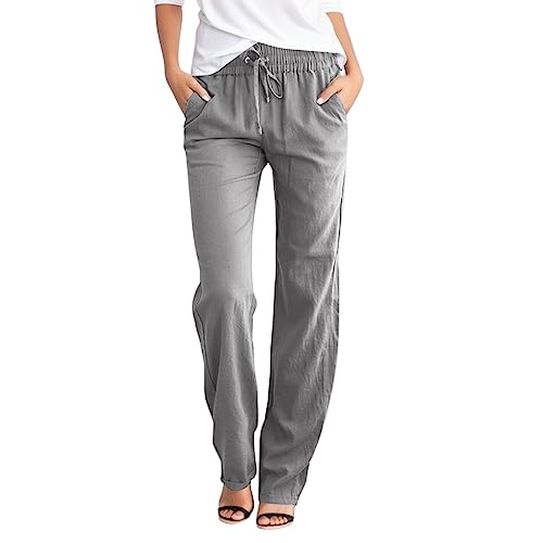 Womens Linen Pants 2025 Summer Beach Drawstring Elastic Waist Pants Casual Loose Comfy Straight Leg Yoga Pant Pockets
