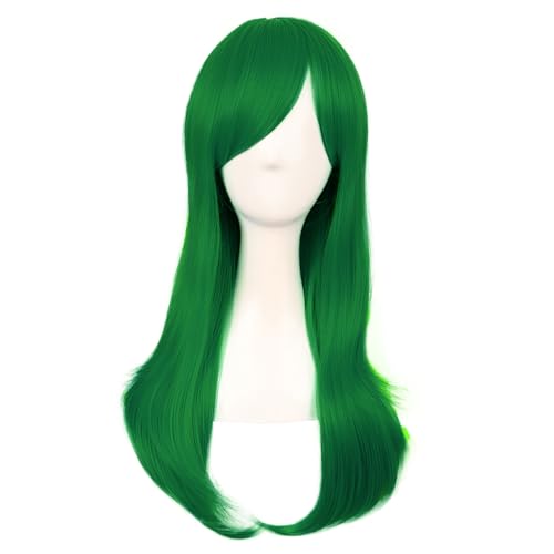 Image of MapofBeauty 24 Inch Long Side Bangs Wavy Curly Party Wig, Grass Green | 60 cm Cosplay Wig