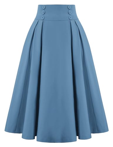 Belle Poque Women's Skirts High Waist Pleated Skirt Midi A-Line Skirt Gray Blue M