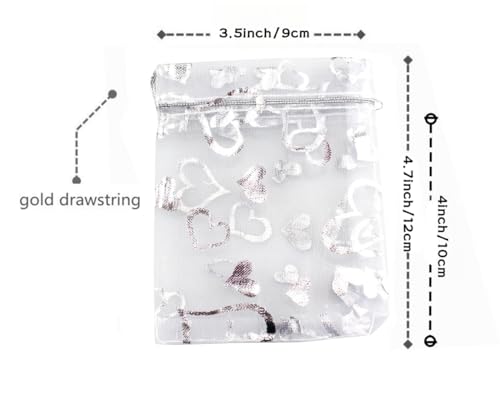 Image of 100 pcs 3.5 x 4.7 Inch Flower Heart Organza Jewelry Gift Pouch Candy Pouch Drawstring Wedding Favor Bags X92 (all white with white heart)