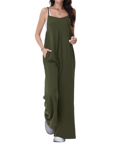 Tanmolo Damen Jumpsuit Elegant Sommer Kurzarm Overall Weites Bein Romper Mit Taschen Latzhose Dunkelgrün, L