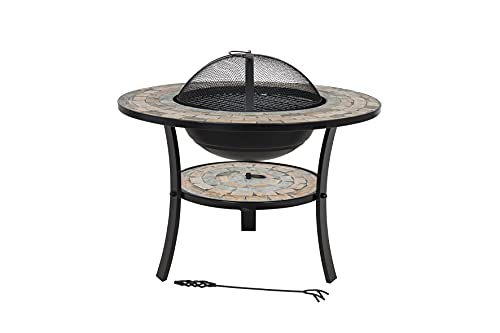 La Hacienda Mykonos Mosaic Tiled Firepit, 3 In 1 Garden BBQ Fire Pit for Wood, Cooking Charcoal Barbeque Grill Kit, Large Round Mosaic Table Top, Firepit Bowl for Patio Heating