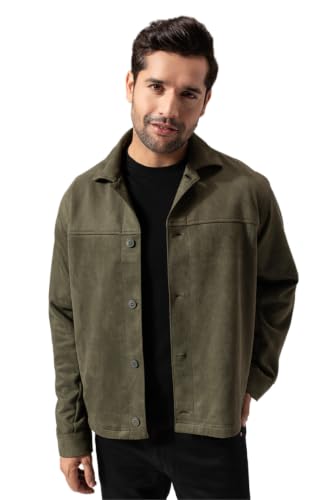 Image of PERCH Men Green Suede Solid Cut & Sew Jacket|Men's Stylish Jacket, Comfortable Regular Fit, Full Sleeves,Lightweight Design, Suitable for Casual Wear, Travel &Everyday Outfits