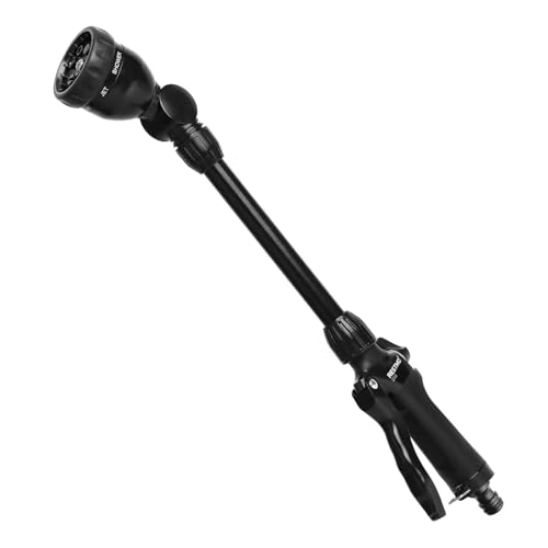 RESTMO Metall-Gießstab (42 cm), Gartenbrause mit 180° schwenkbarem Kopf & Durchflusskontrolle, 7 Sprühbilder für Blumenampeln & Sträucher, Schimmerndes Schwarz