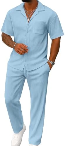 UOUA Mens Summer 2 Piece Set Casual Outfits Button Short Sleeve S...