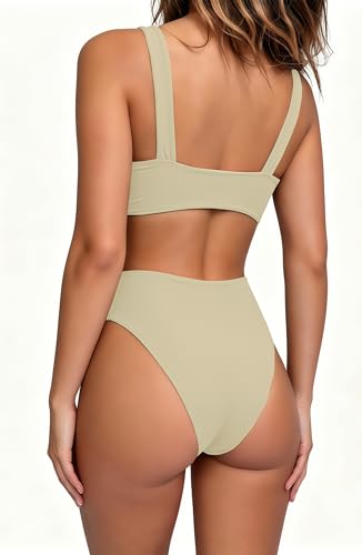 Image of geluboao Bikini Set for Women Solid V Neck Knot Front Push Up High Leg Thong Two Piece Swimsuit