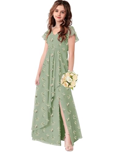 Chiffon Floral Junior Bridesmaid Dresses for Girls Ruffle Sleeves Party Formal Guest Wedding V Neck Flower Girl Dress