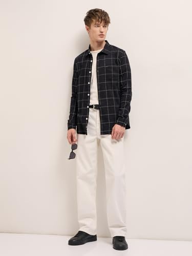 Image of THE BEAR HOUSE Men's Black Slim Fit Full Sleeve Cotton Check Shirt
