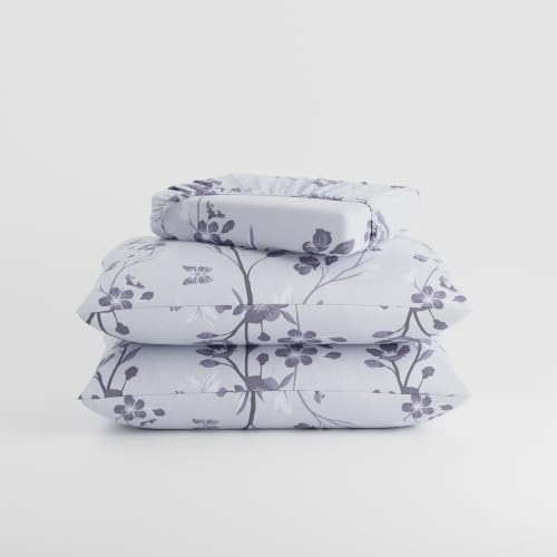 Image of BLISSHOME SoftTouch 140TC Cotton King Size Fitted Bedsheet with 2 Pillow Covers, Silky Smooth Bedding Set, Breathable, Easy Maintain, Floral Print - Violet (182cm x 198cm x 25cm Drop)
