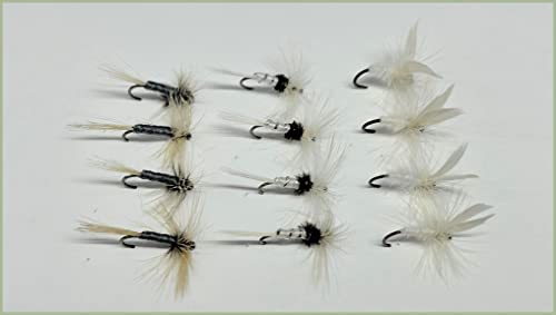 Lot de 12 mouches à truite sèches sans ardillon - Gris Duster, Caenis et mites mixtes tailles 12/14/16 Cover