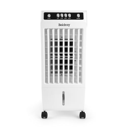 Beldray Portable Air Cooler - 6L Cooling Fan 3 Speeds Swing Function 2 Ice Packs Included for Cool Air Flow Dual Fill Water Tank Carry Handle 360 Wheels Ioniser