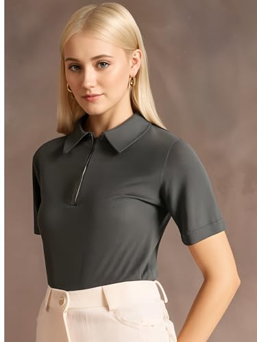 Image of Mack Jonney Ribbed |Regular Fit | Half Sleeves 100% Cotton Polo Neck Self Design with Zip T-Shirt for Women-M950
