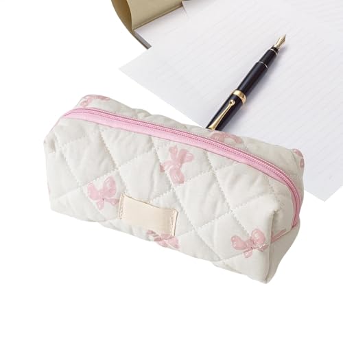 Estuche estético para lápices, soporte de papelería con patrón de lazo, organizador de cosméticos, estuche portátil, bolsa de maquillaje para estudiantes universitarios, Pink, Refer to description