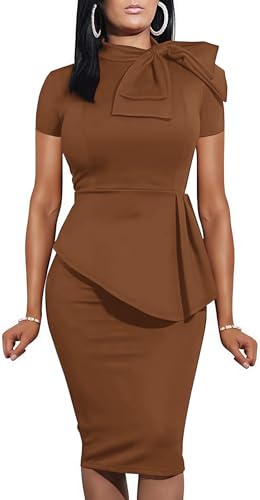 Image of PerZeal Women's Fashion Peplum Bodycon Short Sleeve Work Dresses Bow Club Ruffle Pencil Formal Cocktail Dress