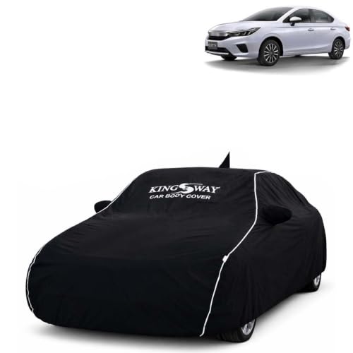 Image of KINGSWAY Super Waterproof Car Cover Only with Honda City (Year 2020 to 2022 - All Model) | Mirror and Antenna Pockets | All Weather Car Body Cover with Silver Piping | Black