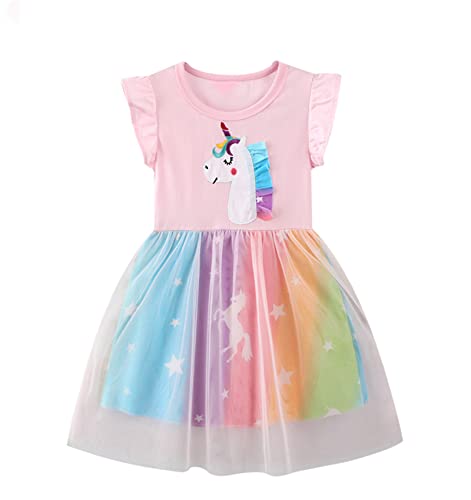 Girl Cotton Casual Tulle Dress Girl Summer Dress Sequins Cute Cartoon Pattern Dress Holiday Colorful Cotton Cute Rainbow Pony Princess Dress Knee Short Sleeves (67110 4T) #TOP17