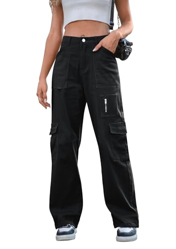 IVIR Cargohose Damen hohe Taille breites Bein Casual Hosen mit 7 Taschen elastische Schnüre Baggy Y2K Hosen Schwarz L IVIR Cargohose Damen hohe Taille breites Bein Casual Hosen mit 7 Taschen elastische Schnüre Baggy Y2K Hosen Schwarz L
