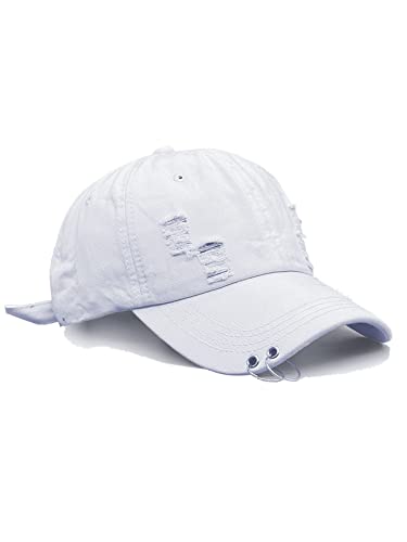 Nanwansu Unisex Ripped Distressed Denim Ring Baseball Cap Hip Hop Vintage Dad Hat Adjustable White