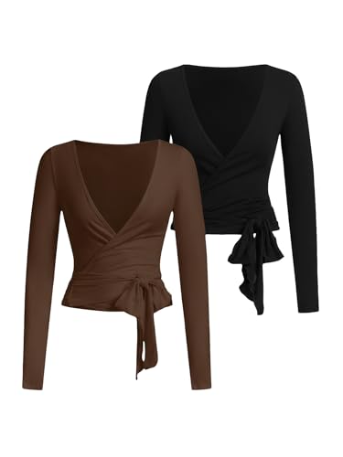 SweatyRocks Women's Pilates Outfits Wrap Tops Ballet Yoga Coquette Shirt Cute Long Sleeve Workout Activewear