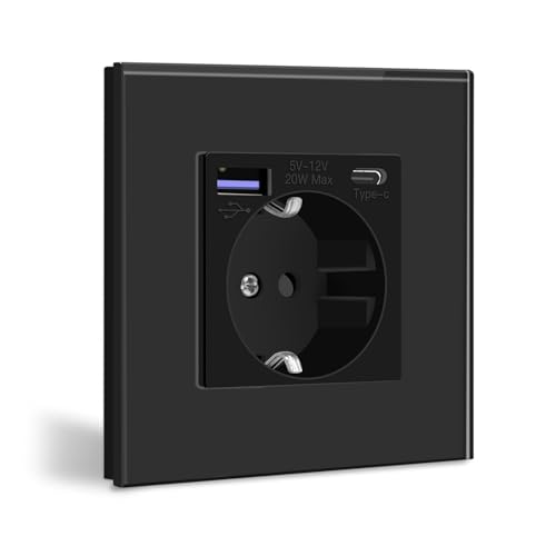 BSEED Enchufe de pared con USB 20W Negro Schuko con Cargador rápido Tipo C 1 Gang toma de corriente