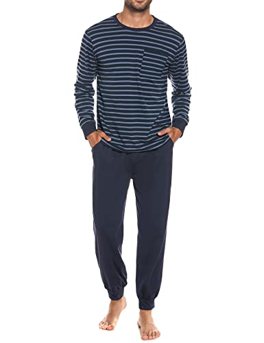 Sykooria Herren Schlafanzug lang mit Bündchen aus Baumwolle Zweiteiliger Pyjama Herren lang, Langarm Shirt & Schlafanzughose, Blau XL