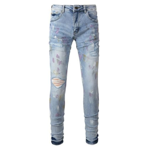 Jeans Pants Trousers Denim Men Spray Paint Graffiti Elastic Slim Fit Personalized Piercing Patch Worn Hole Trendy Street Blue Casual Small Foot(Light Blue,29)2
