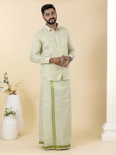 Image of RAMRAJ COTTON Men Gold Tissue Jacquard Full Sleeves Shirt with Matching Dhoti Set