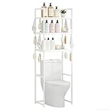 LxBrillxiant Over The Toilet Storage Shelf with 12 Hooks, 3-Tier Vented Metal Bathroom Organizer, Heavy-Duty Freestanding Shelves Unit with Rust-Proof Coating, Space Saving Design for Bathroom (White)