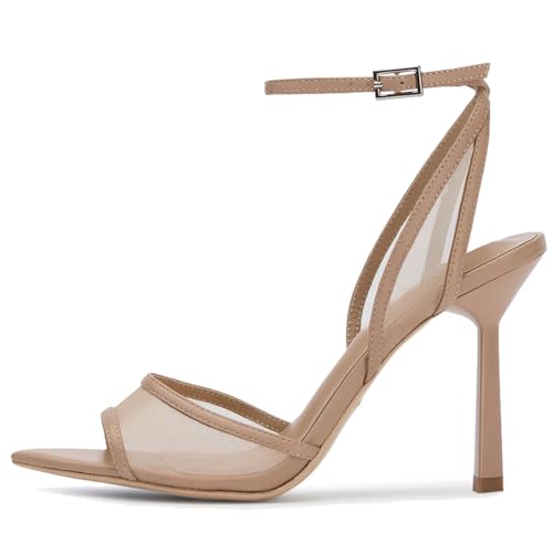 YIYA Women's Black Mesh Slingback Kitten Heels Sandals Open Peep Pointed Toe Stiletto High Heels Ankle Buckle Strap Summer Party Dress Pumps Shoes