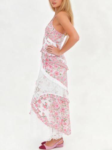 Image of Women Y2k Floral Smocked Maxi Dress Bow Tie Shoulder Tiered Ruffle Midi Sun Dress Boho Casual Beach Long Dresses