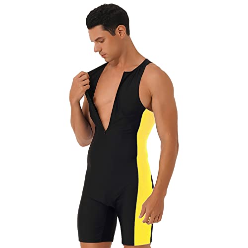 IUERVPS Costume da Bagno da Uomo, Costume Intero, Scollo Tondo, Senza Maniche, Pantaloncini Laterali, Body, Muta da Triathlon, for Spiaggia, Piscina, Nuoto(Black Yellow1,L)