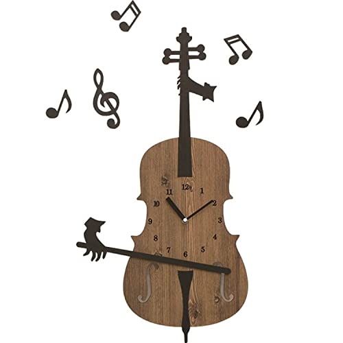 QHENS Reloj de Pared Decorativo con Tema Musical, Diseño en Forma de Violín, Reloj de Pared Silencioso Madera, Decoración de Pared para Cocina Sala de Estar Dormitorio Estudio Oficina Cover