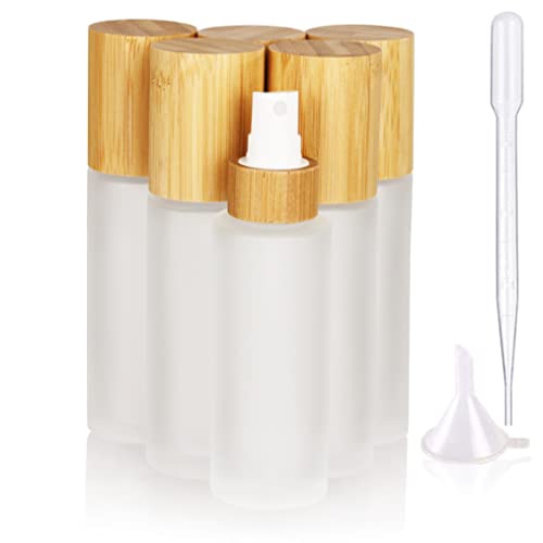 COSIDEA 6 botellas de spray vacías de 60 ml con tapa de bambú esmerilado con cabezal de despenser de niebla fina para recipientes de artículos de tocador de perfume líquido, botellas de tóner