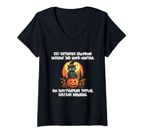 Cat-astrophic Halloween, mischief and meow-mentum, pumpkins T-Shirt avec Col en V