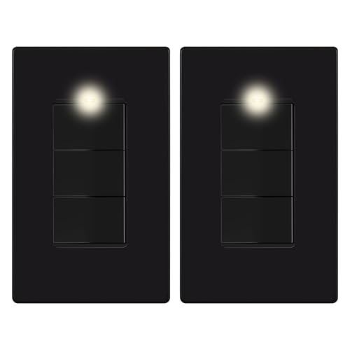 Image of LIDER Lighted Triple Switch with Screwless Wall Plate, Combination Frameless Decorator Switch with Locator Light, Ground Terminal Single Pole, 15A 120V, UL Listed, Thermoplastic, Matte Black, 2-Pack