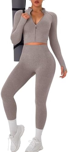 OLCHEE Womens Workout Sets 2 Piece - Seamless Yoga Outfits Long Sleeve Zipper Jacket and High Waist Leggings Butt Lifting Gym Set - Cream Medium