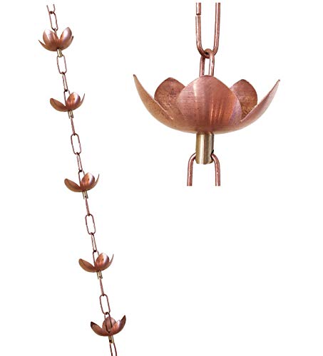U-nitt Rain Chains, Roof Gutter Downspout/Spout Channel, Rainwater Water Catcher/Diverter, 8.5 feet Length, Metal, Pure Copper, Nature Inspired Lotus/Water Lily (Lily 2), 2-Tone, 5226 - Thumbnail 3